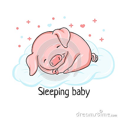 Baby pig sleeping on a cloud cartoon illustration Cartoon Illustration