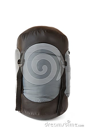 Sleeping Bag in Black and Gray Compression Sack Stock Photo