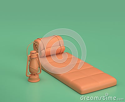 A sleeping-bag on the ground with backpack and lantern, a night in the camp, 3d rendering, flat style scene Stock Photo