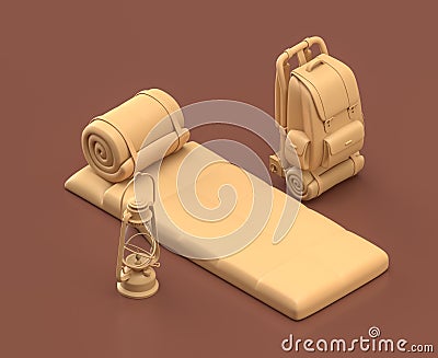 A sleeping-bag on the ground with backpack and lantern, a night in the camp, 3d rendering, flat style scene Stock Photo