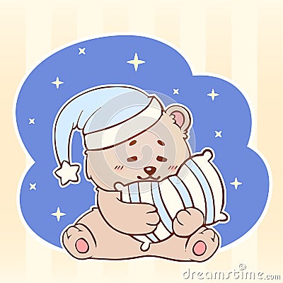 Sleeping bear with pillow Sweet Dreams cute kawaii little Teddy Bear. Good night baby Stock Photo