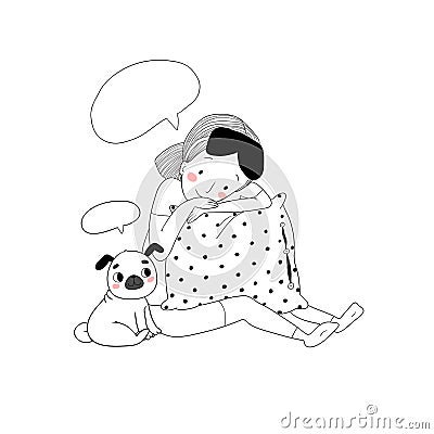 Sleeping beautiful young girl and a cute pugs. Funny Favourite pet puppy under blanket. Vector Vector Illustration