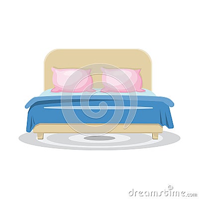 Sleeping bed with pink pillows and blue blanket, with grey rug. Vector Illustration