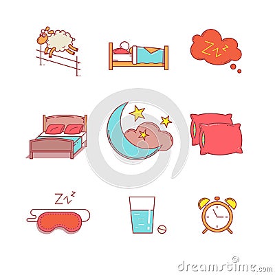 Sleeping, bedtime rest and bed thin line icons set Vector Illustration