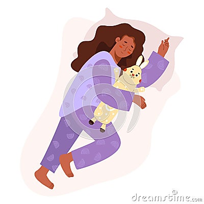 Sleeping black ethnic woman with plush bunny toy. Time relax. Cute female character in flat style. Vector illustration. Vector Illustration