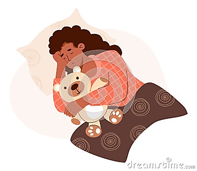 Sleeping black ethnic woman with teddy bear. Time relax. Cute female character in flat style. Vector illustration. Vector Illustration