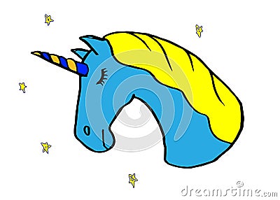 Sleeping blue head of unicorn with closed eyes, isolated on white background. Vector Illustration