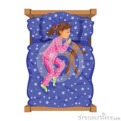 Sleeping brunette baby girl. Bedtime. Cartoon character girl. Vector Illustration