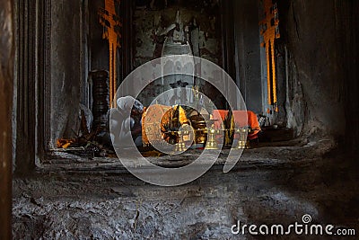 Sleeping Buddha in main gopura tower Stock Photo