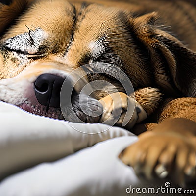 Sleeping bulldog with his head resting on a pillow ai Generated, generative AI, CGI graphics Cartoon Illustration