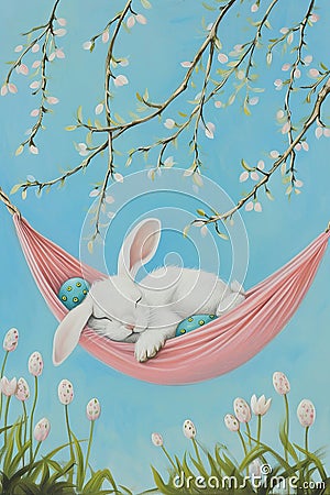 Sleeping bunny in a hammock, serene springtime illustration. Perfect for children's illustrations. AI Generated Cartoon Illustration