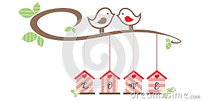 Sleeping bunny sweeValentine Loving Birds stay on branch above hanging houses with letters LOVE isolated on white background Vector Illustration