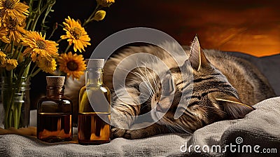 a sleeping cat on a massage towel, surrounded by bottles of aromatic oil and chamomile flowers in the foreground, a Stock Photo