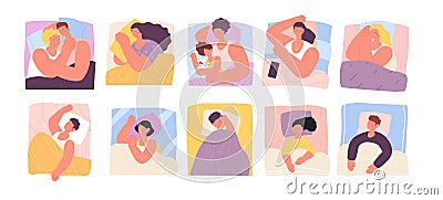 Sleeping characters. Sleep mother, in bed with book. Bedtime concept, people lying on soft pillow. Relaxation, children Vector Illustration