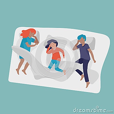 Sleeping children character. Boy and girl sleep in bed together and alone in various poses, different postures during Vector Illustration