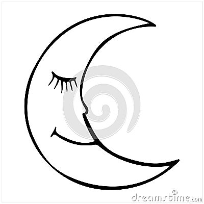 Sleeping crescent moon, isolated simple hand drawn black and white vector illustration on white background Vector Illustration