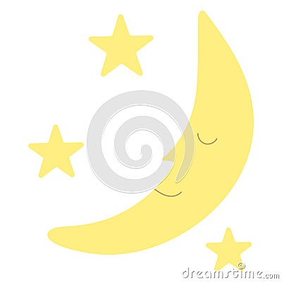 Sleeping crescent moon with two stars, cute simple cartoon, good night theme. Smiling moon and stars, bedtime nursery Cartoon Illustration