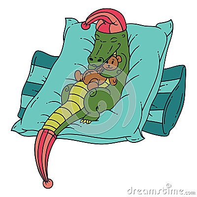 Sleeping crocodile with teddy bear. Children illustration. Vector Illustration