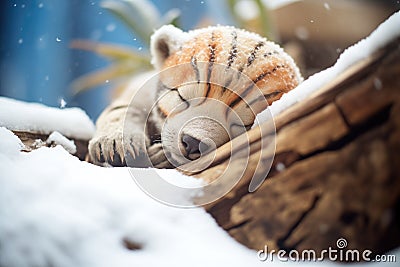 sleeping cub in a miniature snow den Stock Photo