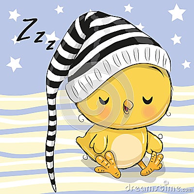 Sleeping cute Chicken in a hood Vector Illustration