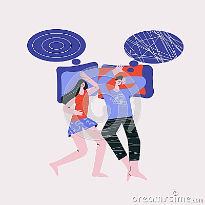 Sleeping discomfort couple in bedroom partners night terror thinking about relationship flat vector illustration Vector Illustration
