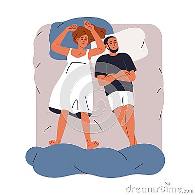 Sleeping, dreaming couple in bed, top view. Family, man and woman asleep, lying on backs, reposing, relaxing uncovered Vector Illustration