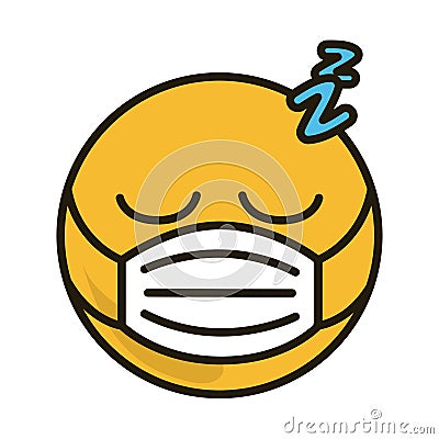 Sleeping emoticon with medical mask coronavirus covid-19 pandemic, flat cartoon style Vector Illustration