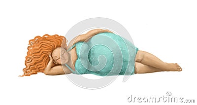 sleeping fat lady in colorful dress watercolor illustration Cartoon Illustration