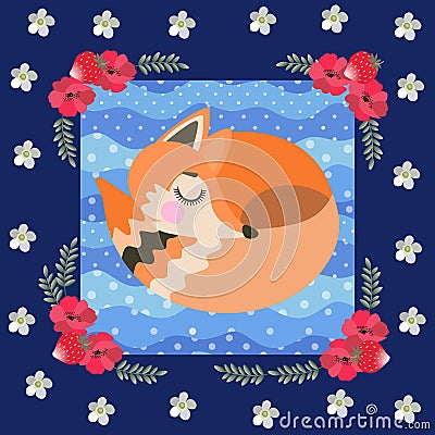 Sleeping fox on a blue polka dot background in a beautiful floral frame. Patchwork pattern for children. Great collection. Vector Vector Illustration
