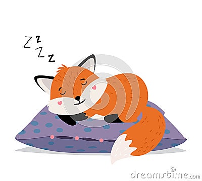 Sleeping fox. Orange cute tod sweet dreams on soft pillow, smiling foxy face autumn babies sleeps vector graphic Vector Illustration