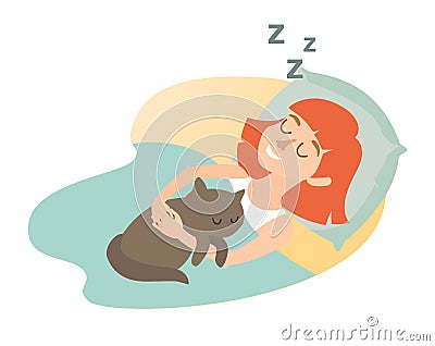 Sleeping girl with cat. Cartoon happy woman. Sweet dreams. Sleeping girl icon Vector Illustration