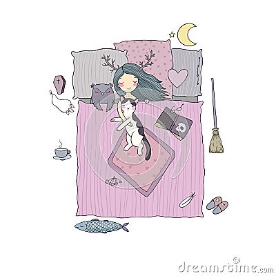 Sleeping girl and cat. Good night. Sweet Dreams. Vector Illustration