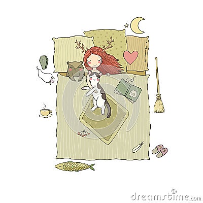 Sleeping girl and cat. Good night. Sweet Dreams. Vector Illustration