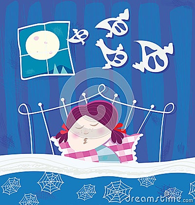 Sleeping girl during halloween night Vector Illustration
