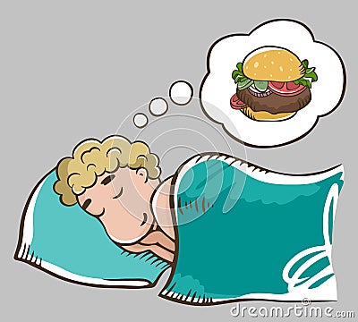 Sleeping blonde man on a pillow dreaming about burger. Isolated on grey background. Burger dream. Man on a diet. Vector Illustration