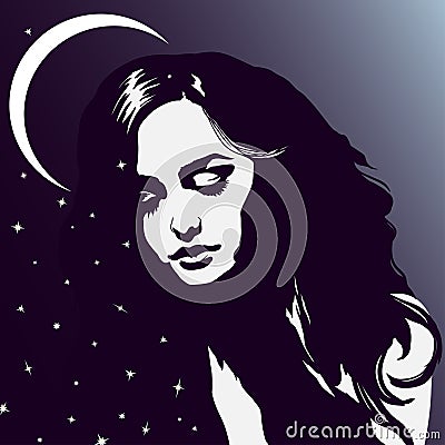 Sleeping girl portrait, beautiful dreaming woman, night sky, moon stars Vector Illustration