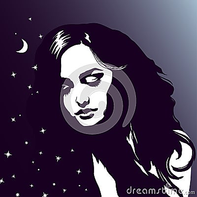 Sleeping girl portrait, beautiful dreaming woman, night sky, stars Vector Illustration