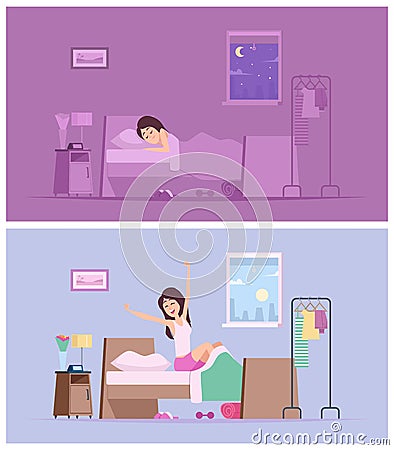 Sleeping girl. Wake up joyful woman morning stretching in bed vector cartoon illustrations Vector Illustration