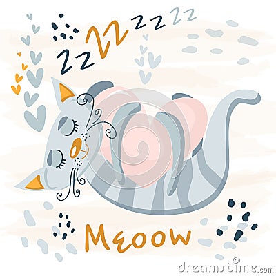 Sleeping grey cute cat baby animal. Nursery vector cartoon sleep animal cat, cute print illustration. Adorable gray and Vector Illustration