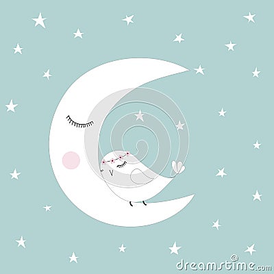 Sleeping half moon white cute bird blue night sky stars kids illustration room decoration, light pastel colors Cartoon Illustration