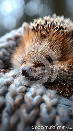 Sleeping Hedgehog on Knitted Blanket Stock Photo