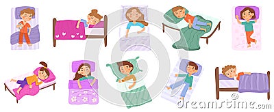 Sleeping kids, baby bedtime, little child napping characters. Kindergarten nap time, boys and girls sleep in beds vector Vector Illustration