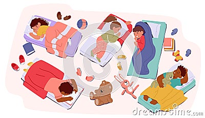 Sleeping Kids Characters. In The Cozy Kindergarten Room, Little Ones Peacefully Rest On Mats, Snuggled In Blankets Vector Illustration