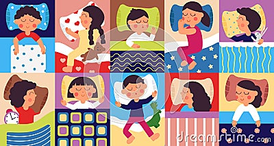 Sleeping kids. Peaceful childhood, kid sleep in home bed. Bedtime, cartoon children dreaming with toys, sleepy child Vector Illustration