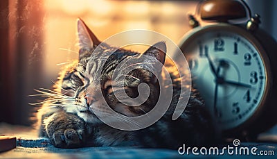 Sleeping kitten resting on cozy striped table generated by AI Stock Photo