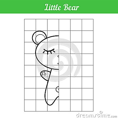 Sleeping little bear. Copy the picture along the grid line. Vector coloring book for educational game. Illustration with a simple Vector Illustration