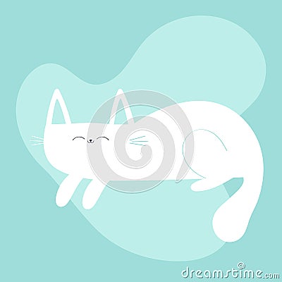 Sleeping lying white cat. Cute kawaii cartoon baby pet character. Chilling kitten head face. Happy Valentines Day. Greeting card Vector Illustration