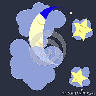 Sleeping moon and stars in the dark blue midnight sky Vector Illustration