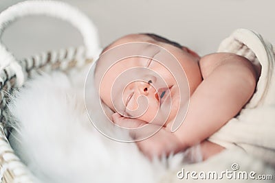 Sleeping newborn baby in basket wrapped in blanket in white fur background. Portrait of little child one week old Stock Photo