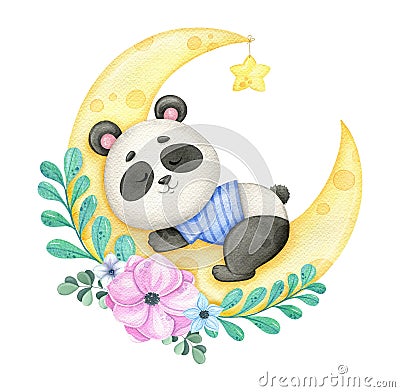 Sleeping panda on the moon watercolor illustration Cartoon Illustration